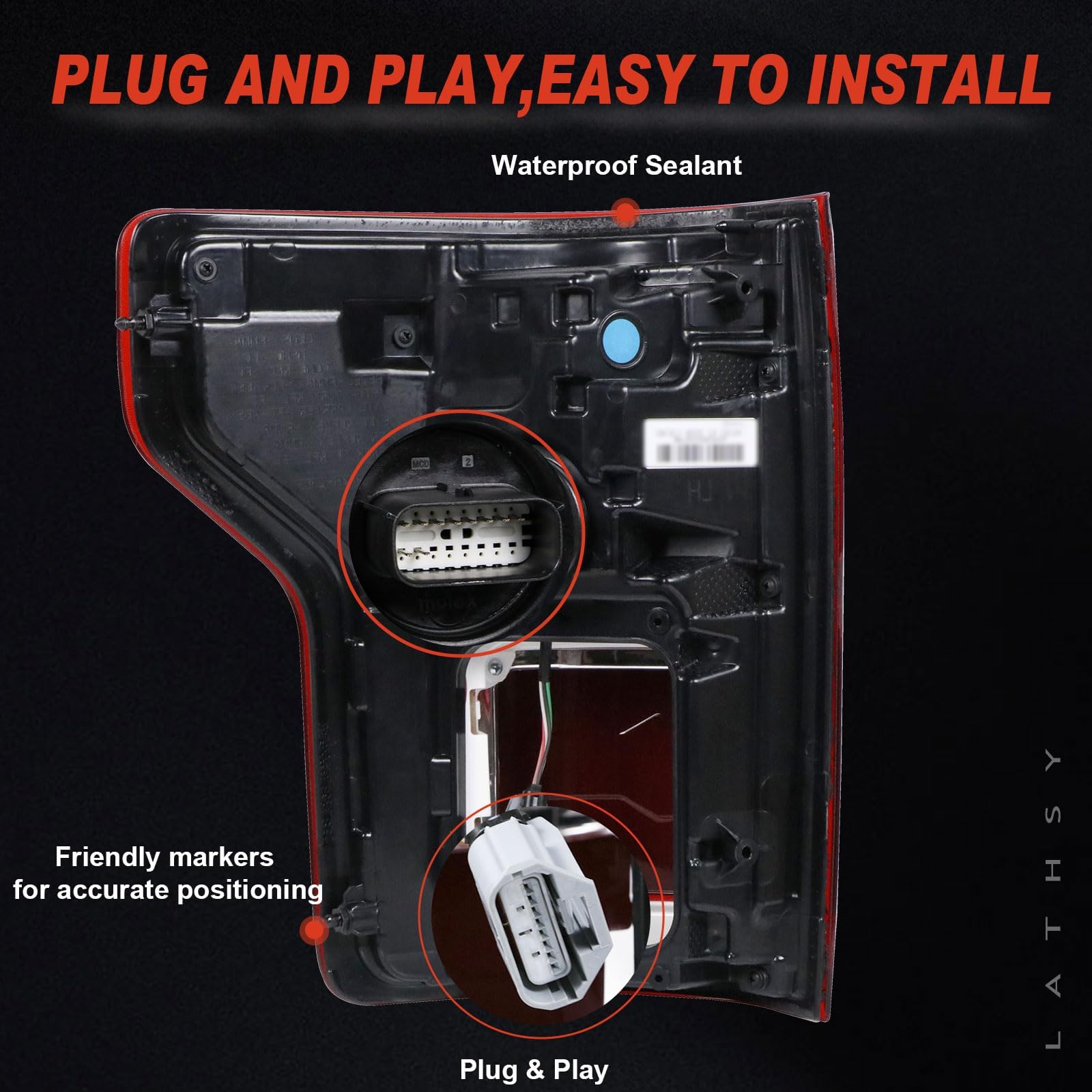 Lathsy tail light backside showing plug-and-play connector for easy installation
