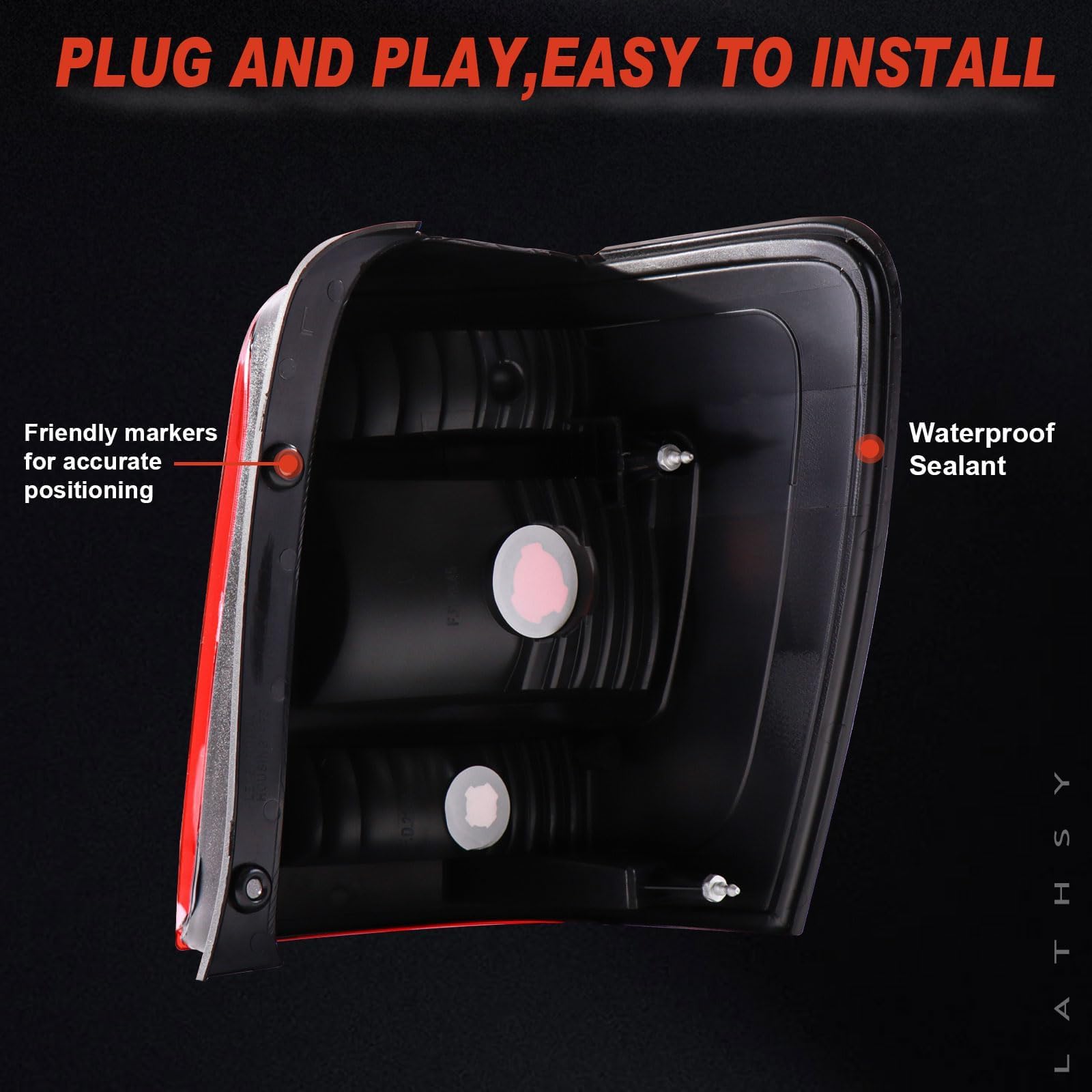Lathsy tail light lens close-up showing durable seal and clarity