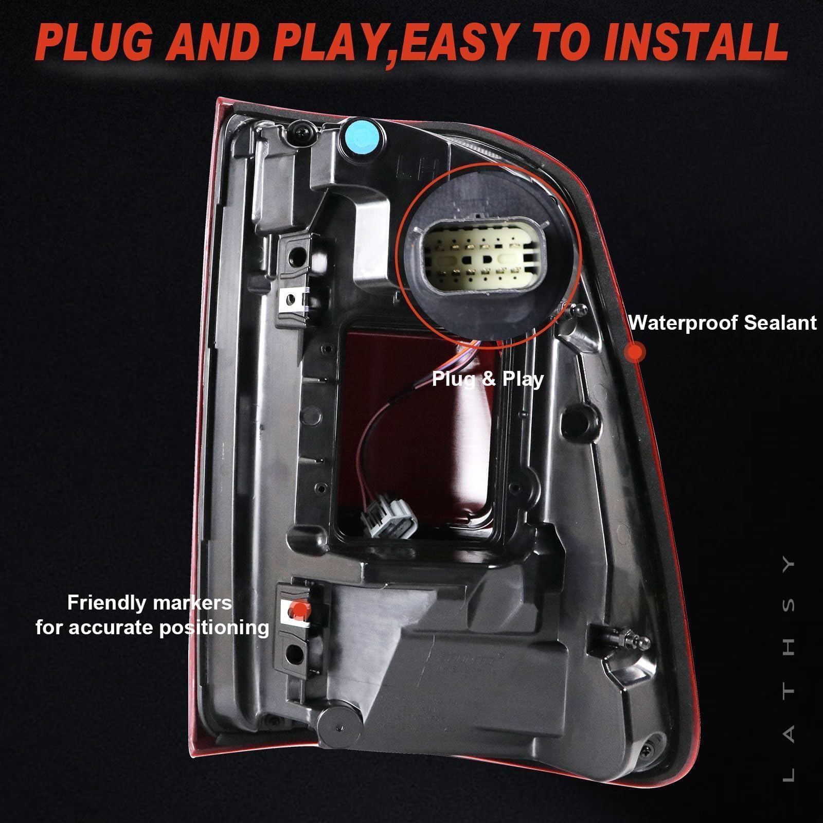Lathsy tail light seal and gasket closeup ensuring weather resistance and reduced fogging