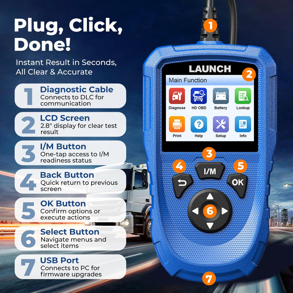 LAUNCH CR HD V2 plugged into a truck OBD port demonstrating in-vehicle use