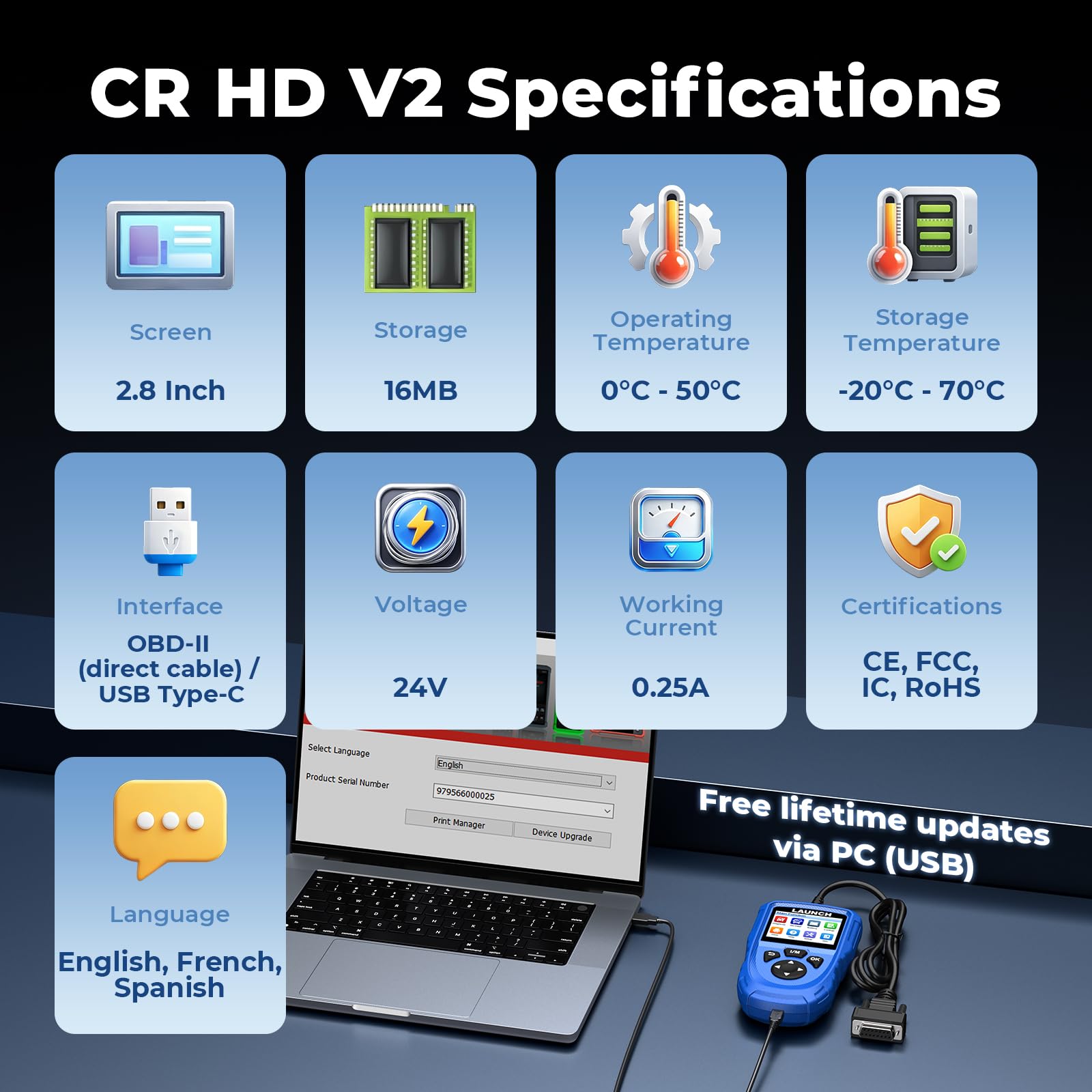 LAUNCH CR HD V2 in a garage with a technician, practical for fleet work