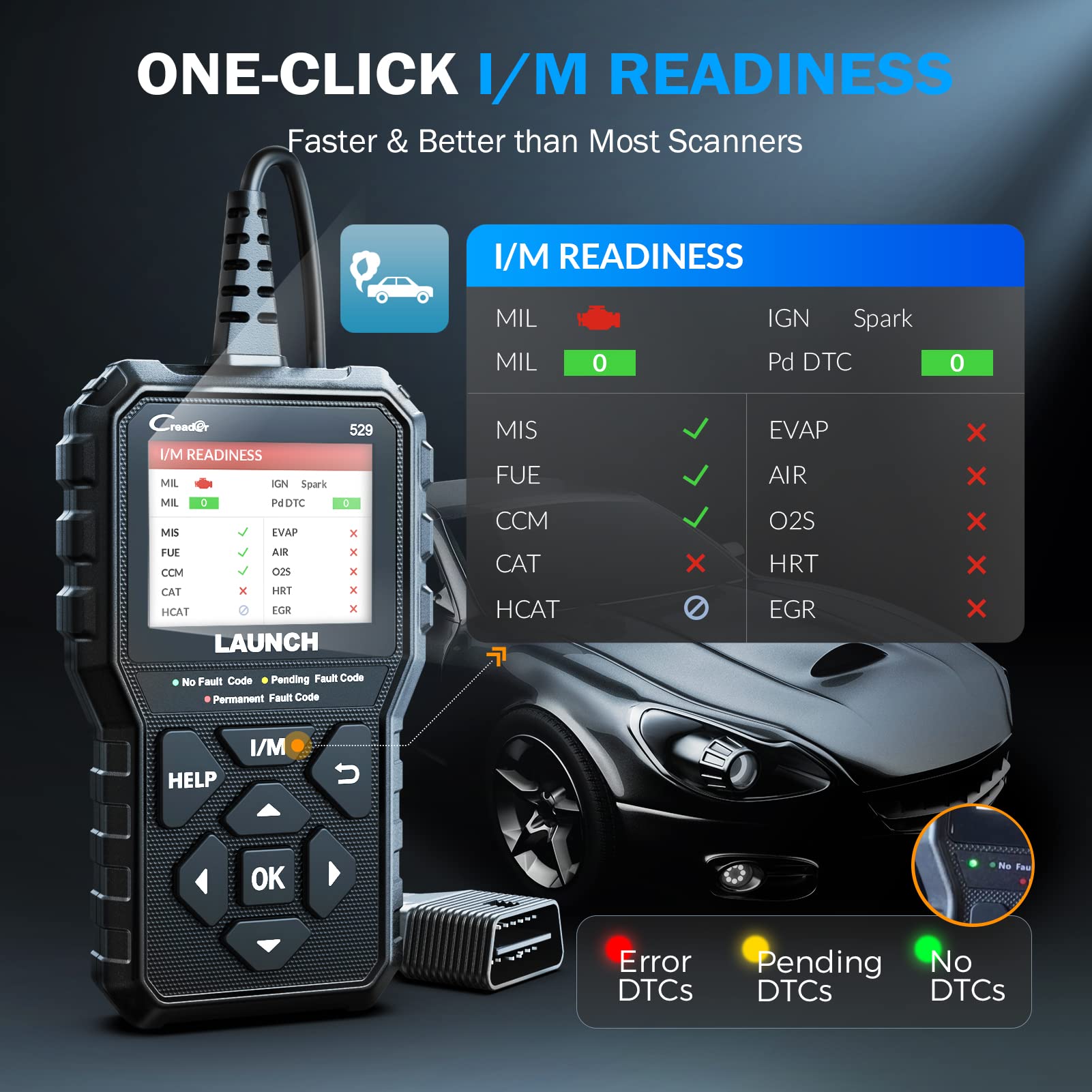 LAUNCH CR529 plugged into a car OBD2 port demonstrating simple plug-and-play benefit