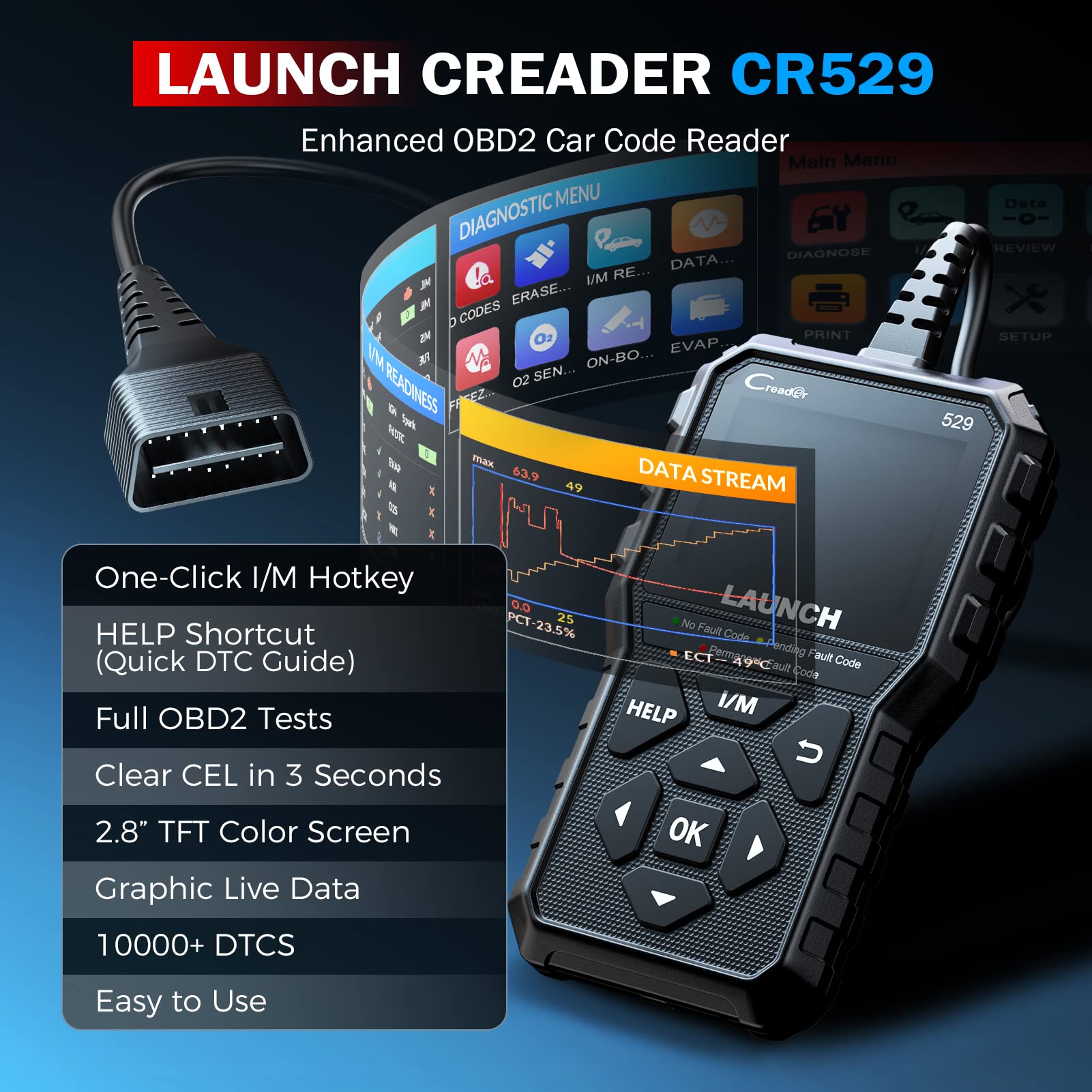 LAUNCH CR529 displaying live data graph and text for quick sensor trend insight