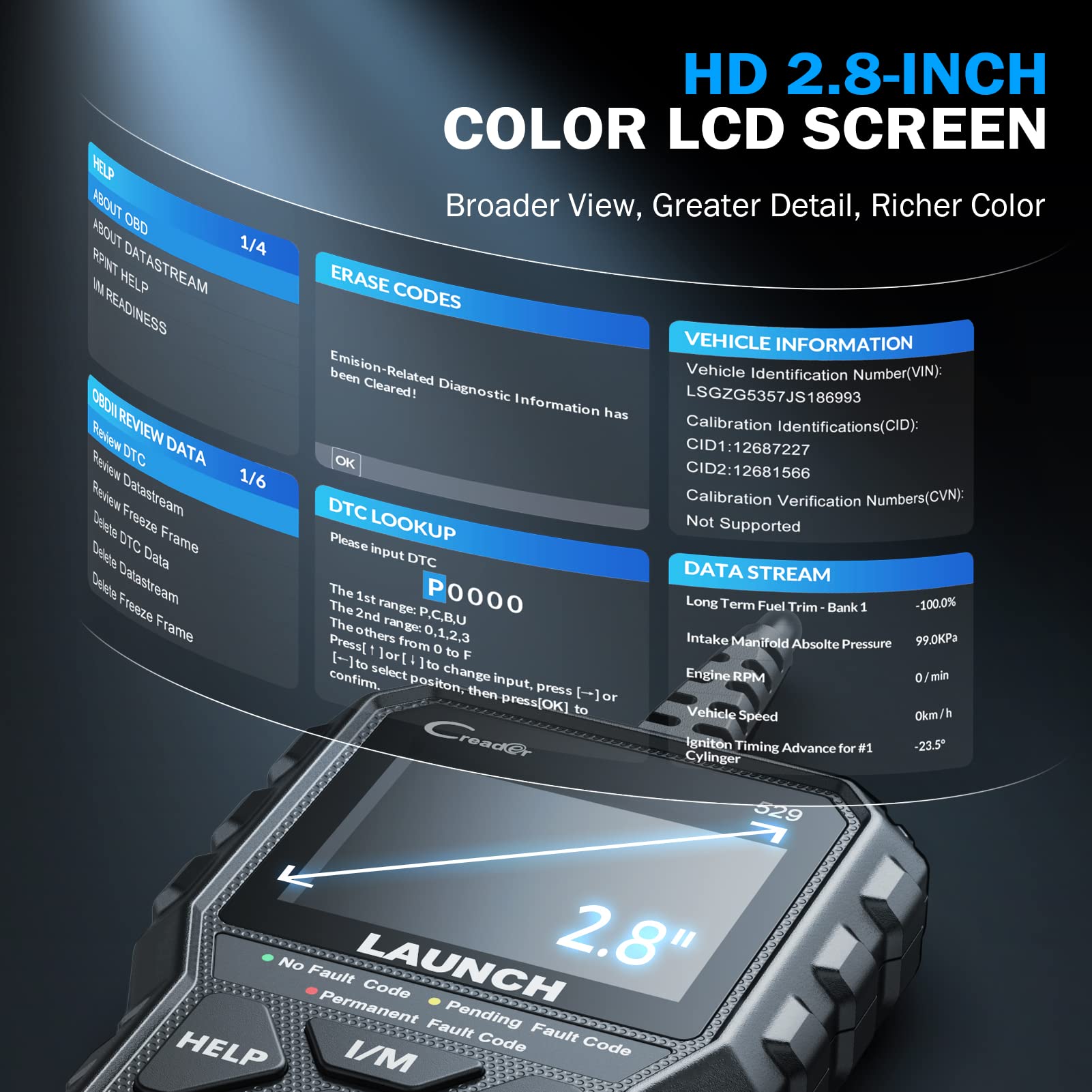 LAUNCH CR529 screen showing VIN retrieval for accurate vehicle identification