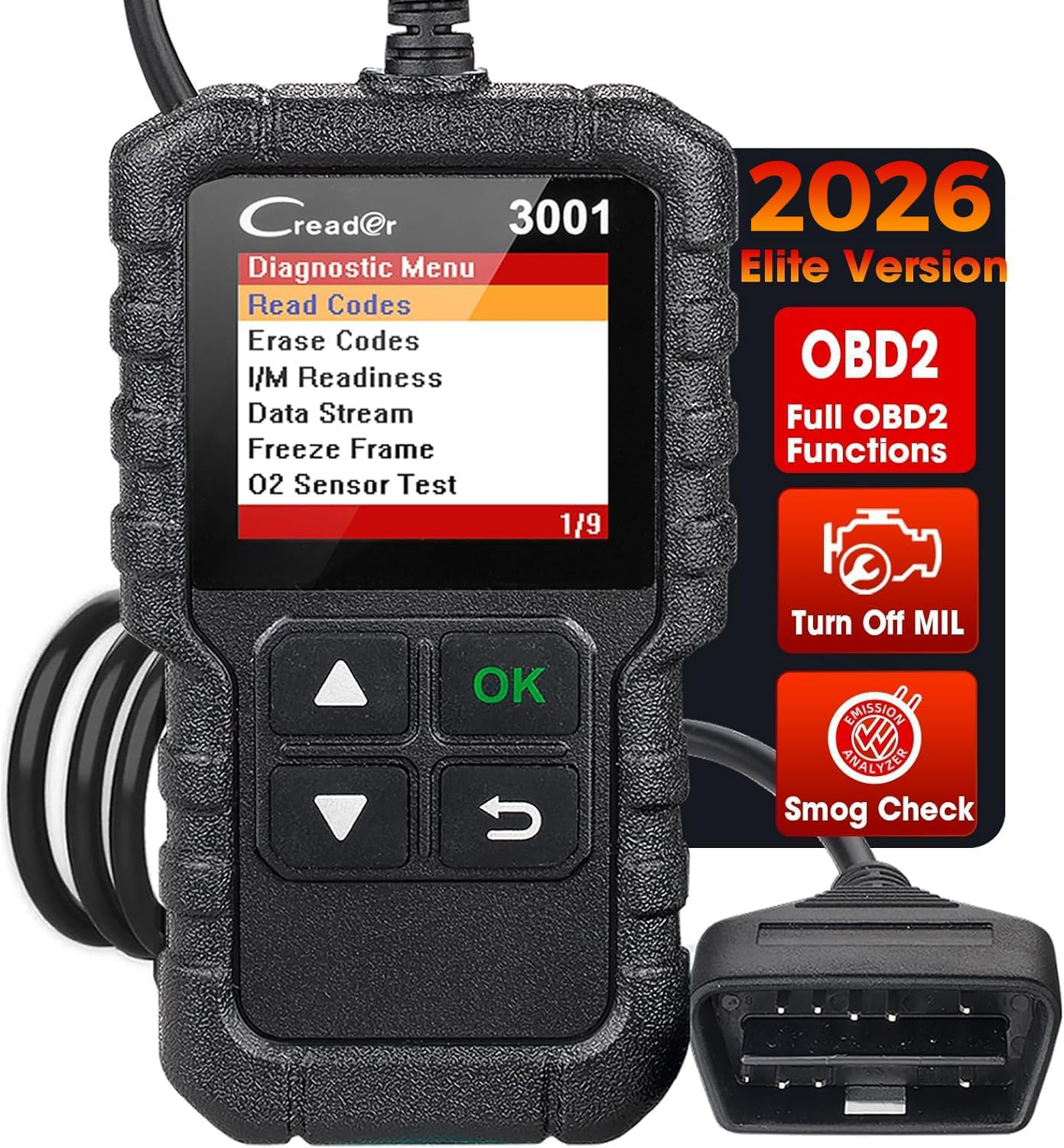 LAUNCH Creader 3001 front view showing buttons and display, clear diagnostics fast