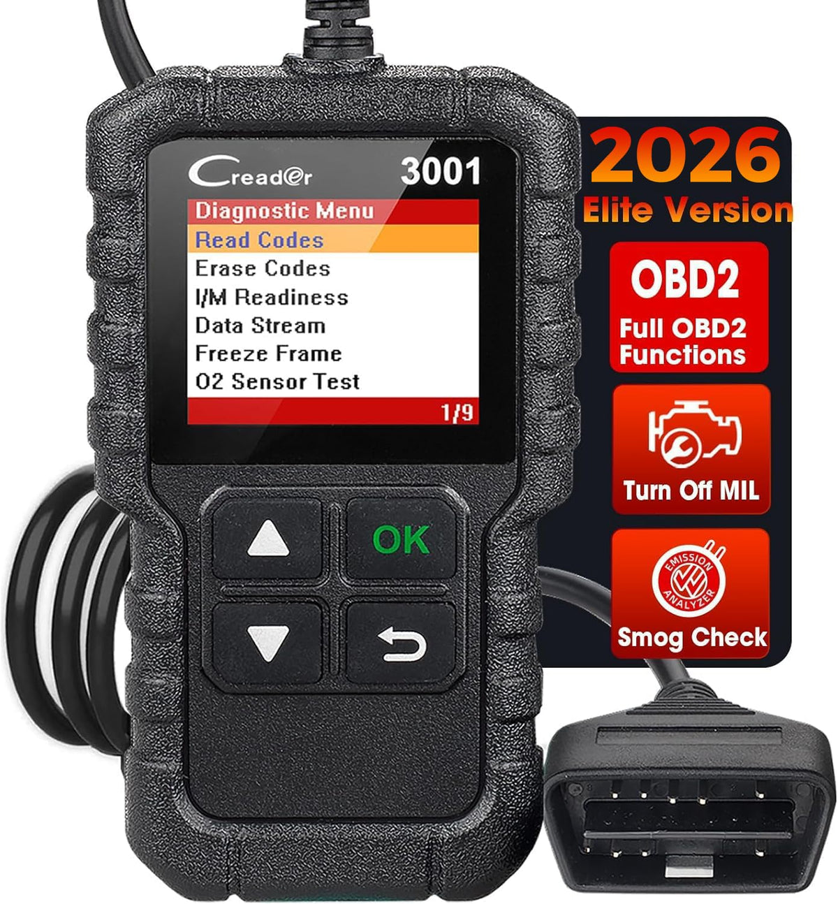 LAUNCH Creader 3001 front view showing buttons and display, clear diagnostics fast
