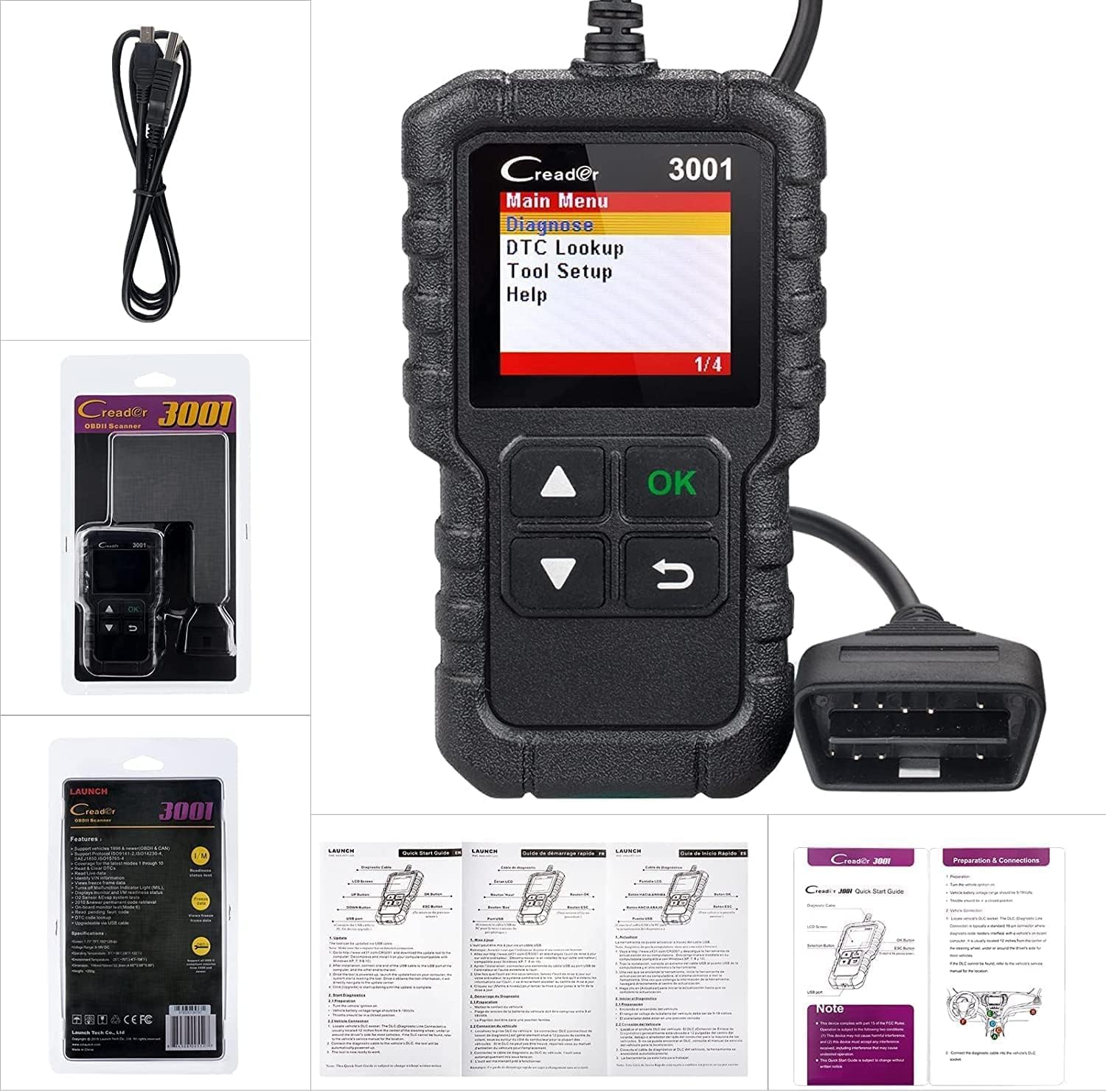 LAUNCH Creader 3001 plugged into car OBD port during use, verifies emissions readiness