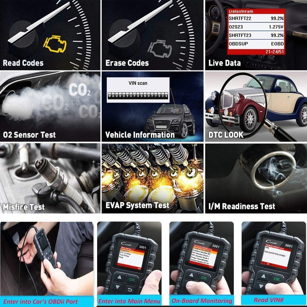 LAUNCH Creader 3001 reading live engine data on screen, helps pinpoint issues quickly