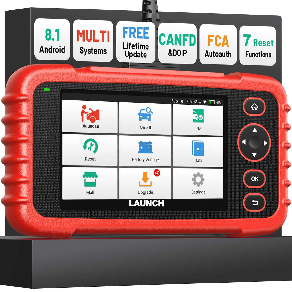 LAUNCH CRP123X front view showing screen and benefits of rapid diagnostics