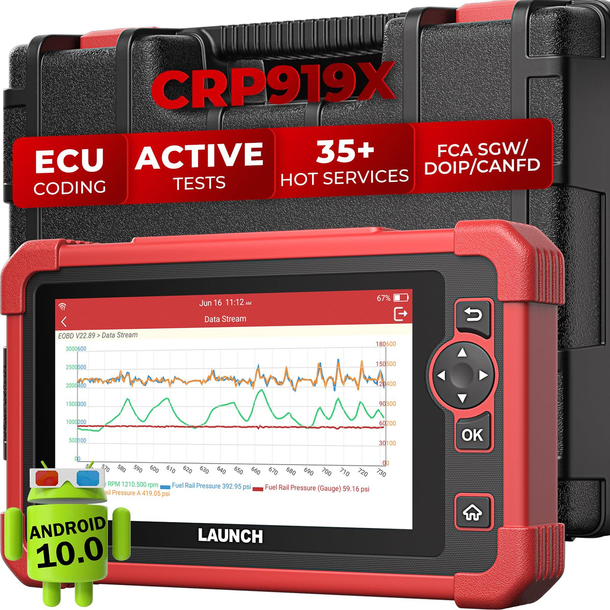 LAUNCH CRP919X front view showing tablet display and durable housing, ready for diagnostics
