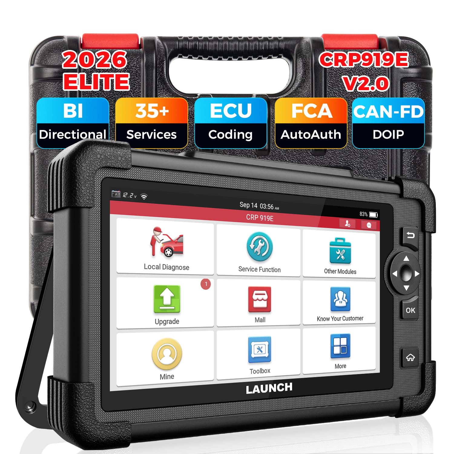 LAUNCH front tablet view showing screen and controls for quick diagnostics