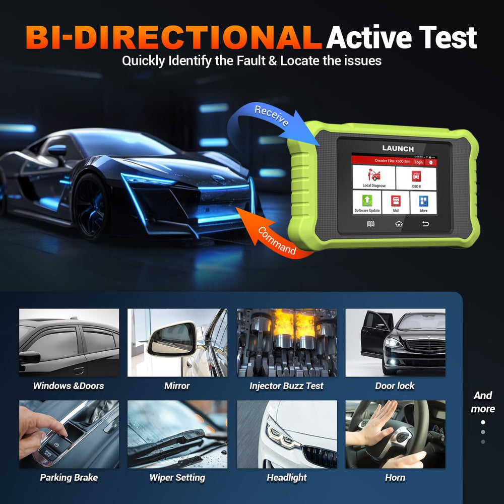LAUNCH Creader Elite X500 connected to BMW ECU under hood, direct module control benefit