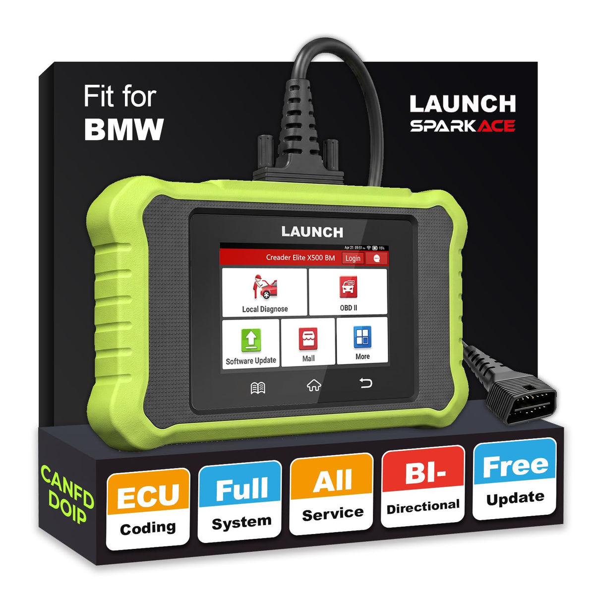 LAUNCH Creader Elite X500 front view showing screen and buttons, clear diagnostics display advantage