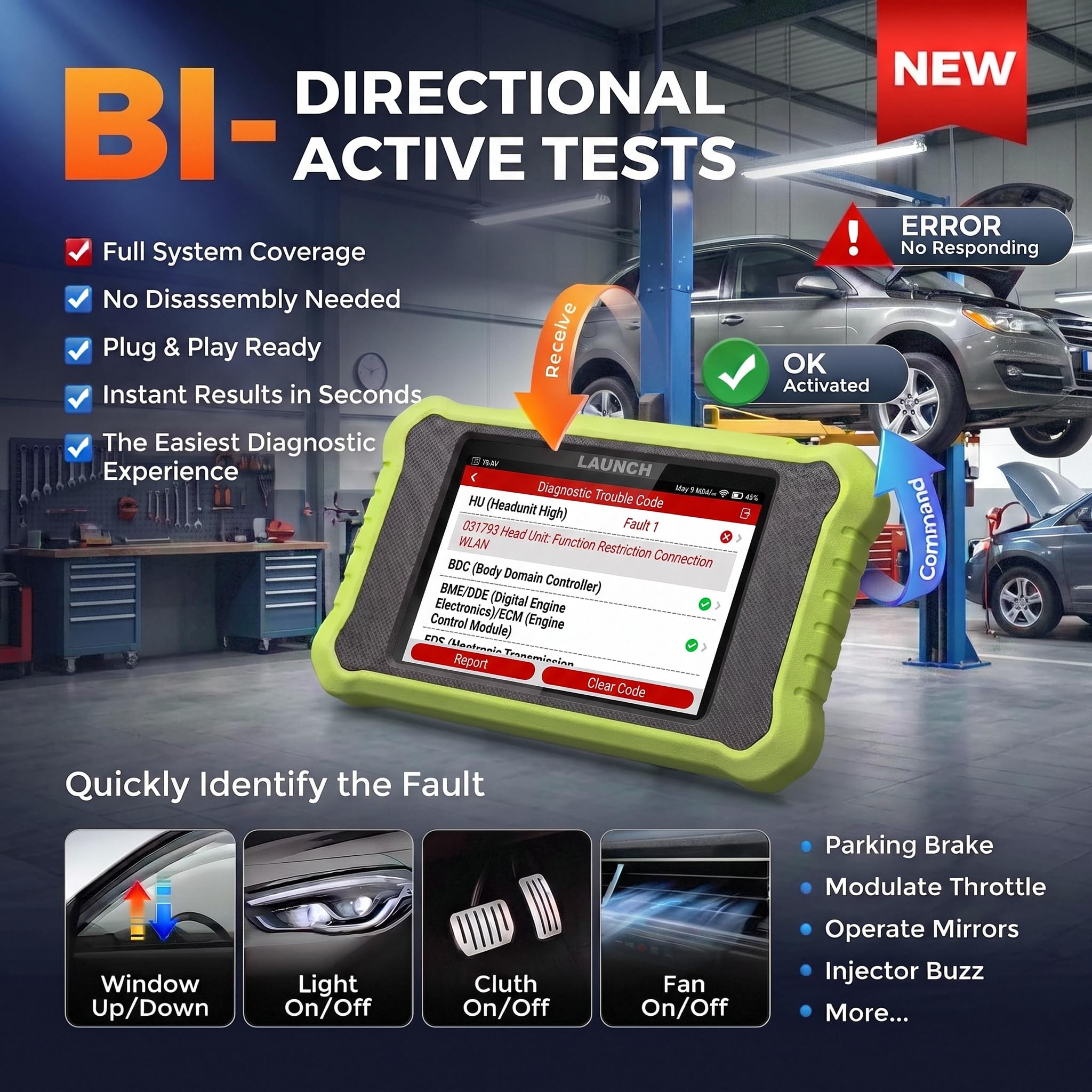 LAUNCH X500 connected to OBD2 port with cable demonstrating easy vehicle hookup