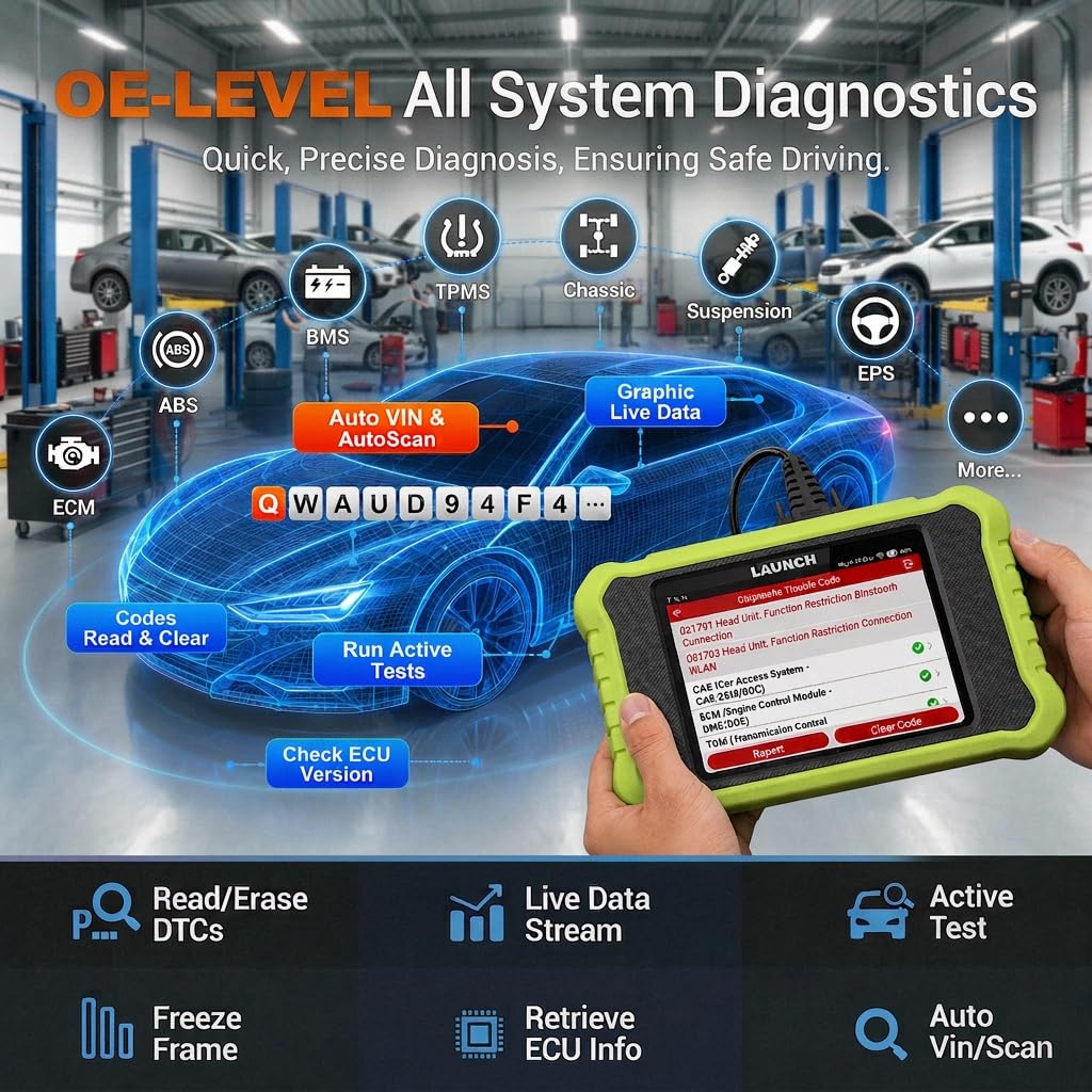 LAUNCH X500 touchscreen closeup displaying menu for faster navigation and clear controls
