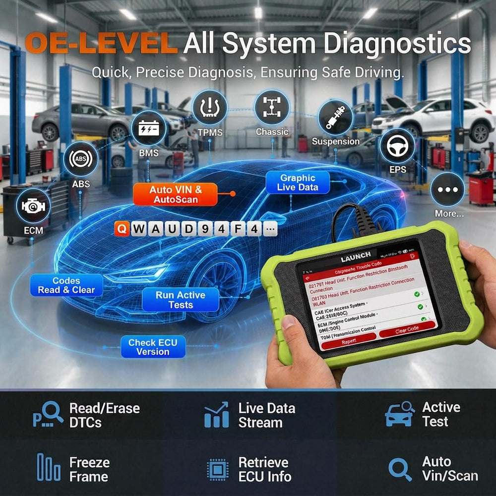 LAUNCH X500 touchscreen closeup displaying menu for faster navigation and clear controls