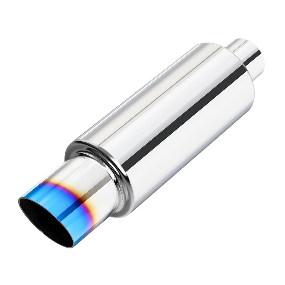 LCGP muffler front angle showing polished stainless and fitment benefit