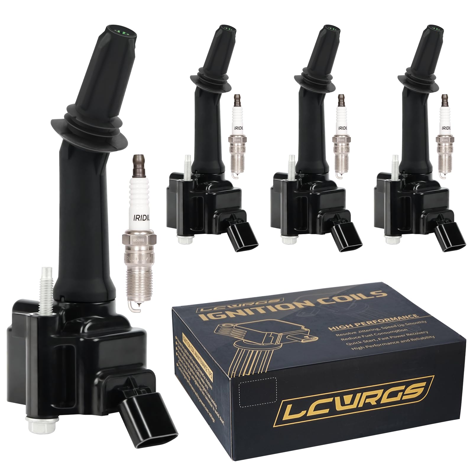 LCWRGS front packaging showing complete coil pack and spark plug kit, clear fitment benefit