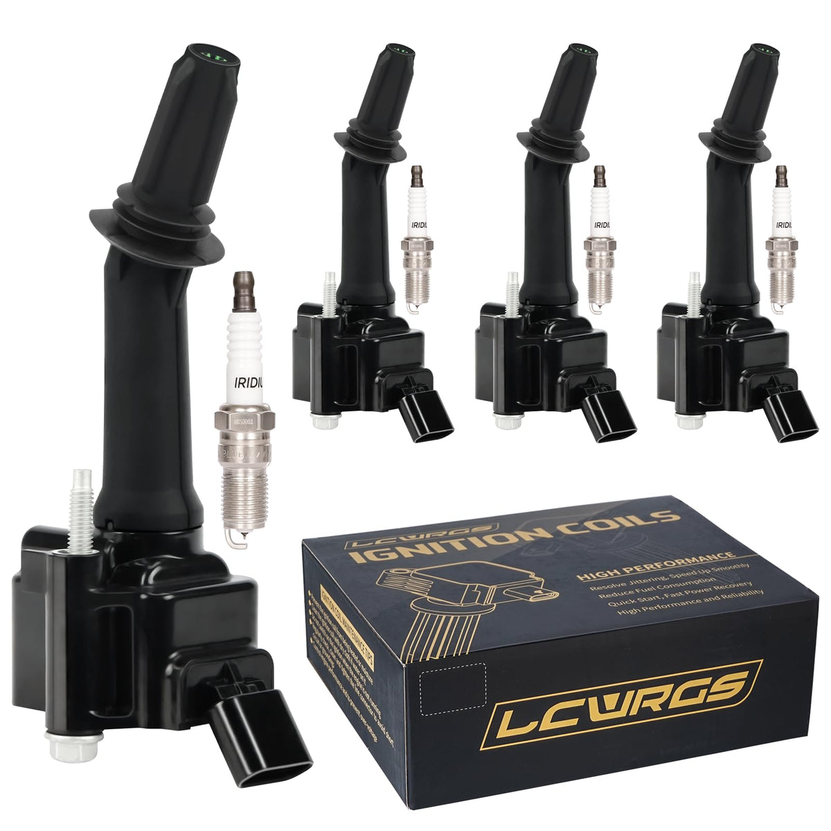 LCWRGS front packaging showing complete coil pack and spark plug kit, clear fitment benefit