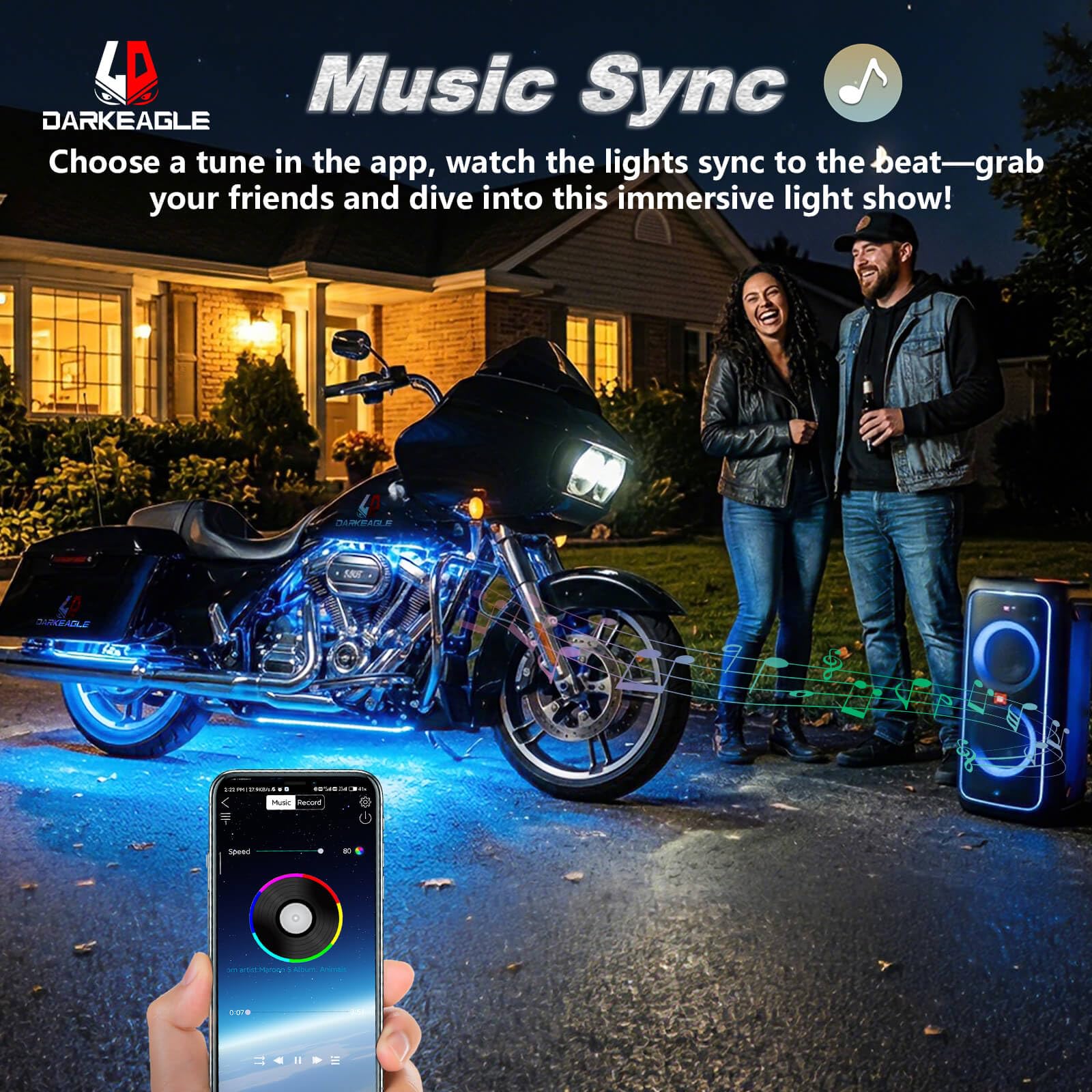 LD DARKEAGLE smartphone app screen controlling colors and music-sync effects