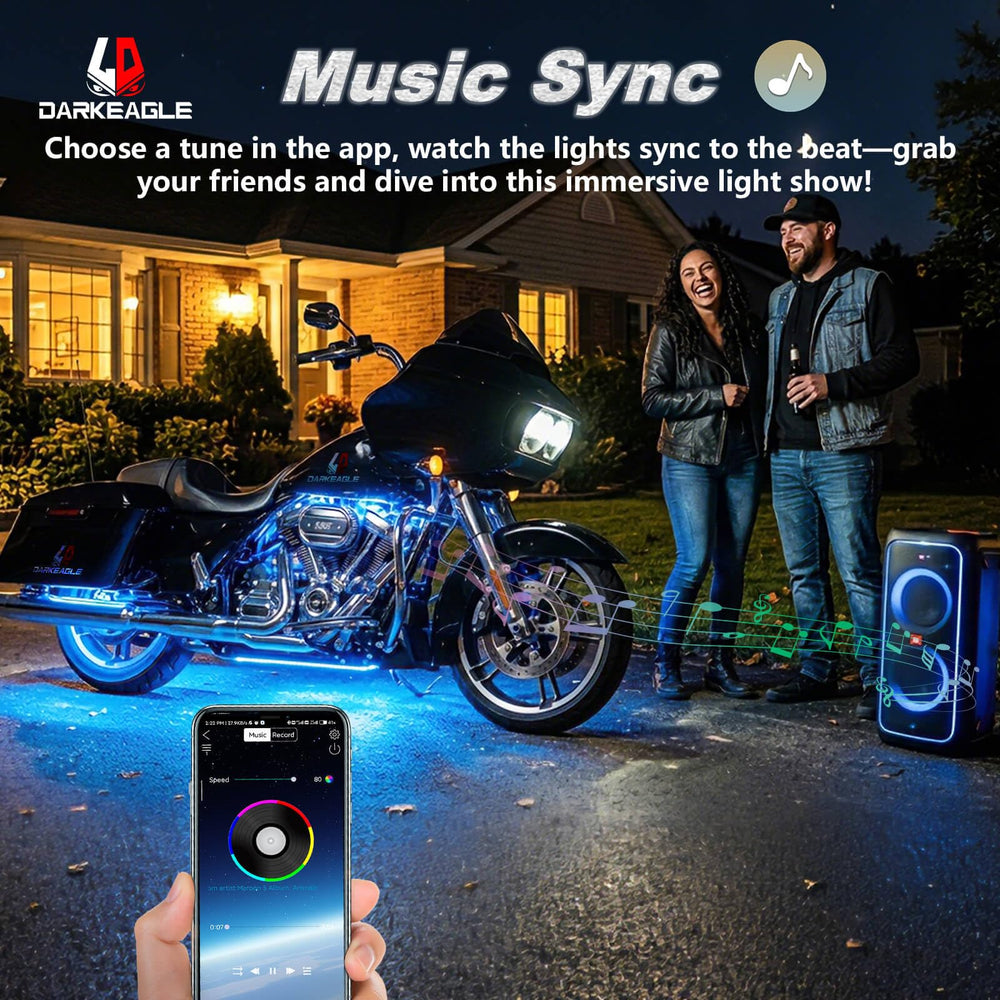 LD DARKEAGLE smartphone app screen controlling colors and music-sync effects