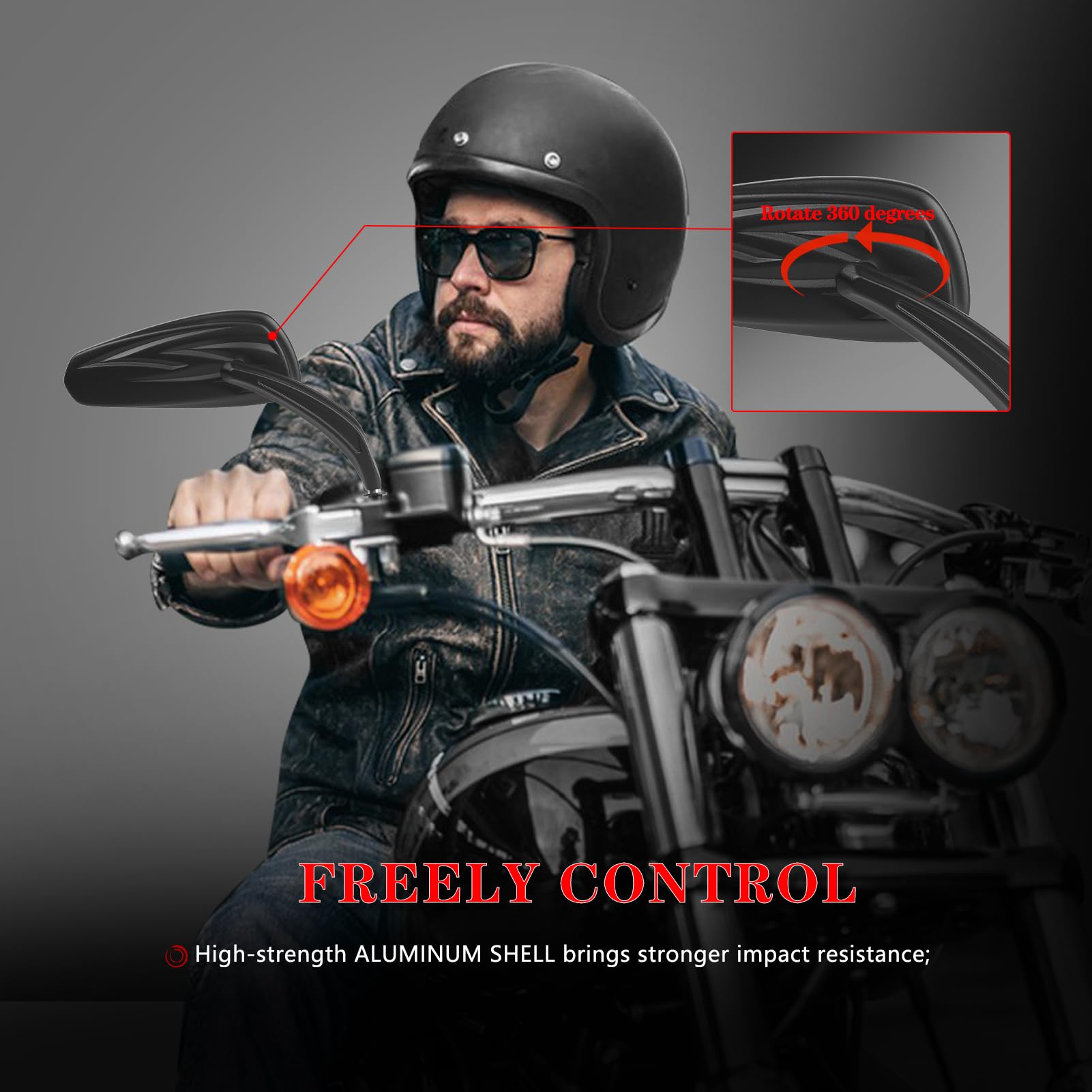 LDJXDADI mirror next to a helmet for scale, illustrating compact size and aftermarket upgrade