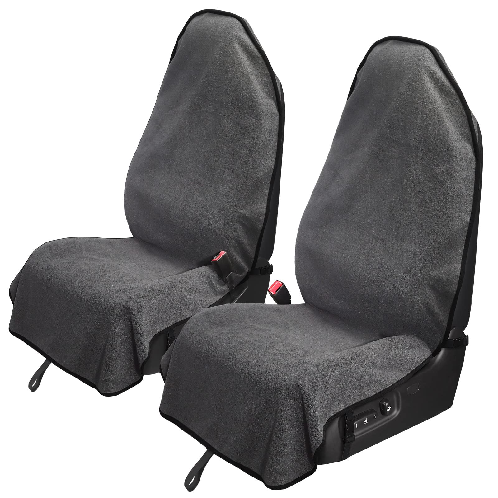 Leader Accessories front seat covers packaging showing grey pair, protects upholstery