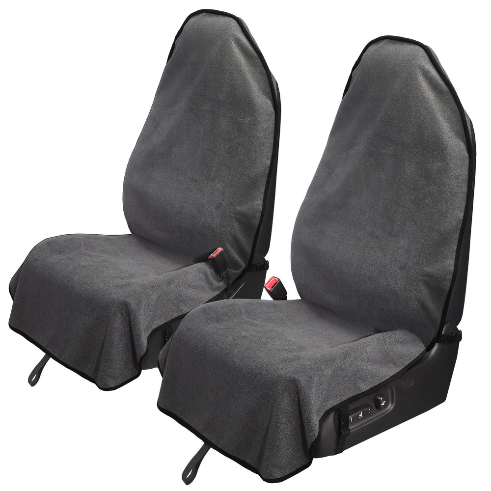 Leader Accessories front seat covers packaging showing grey pair, protects upholstery
