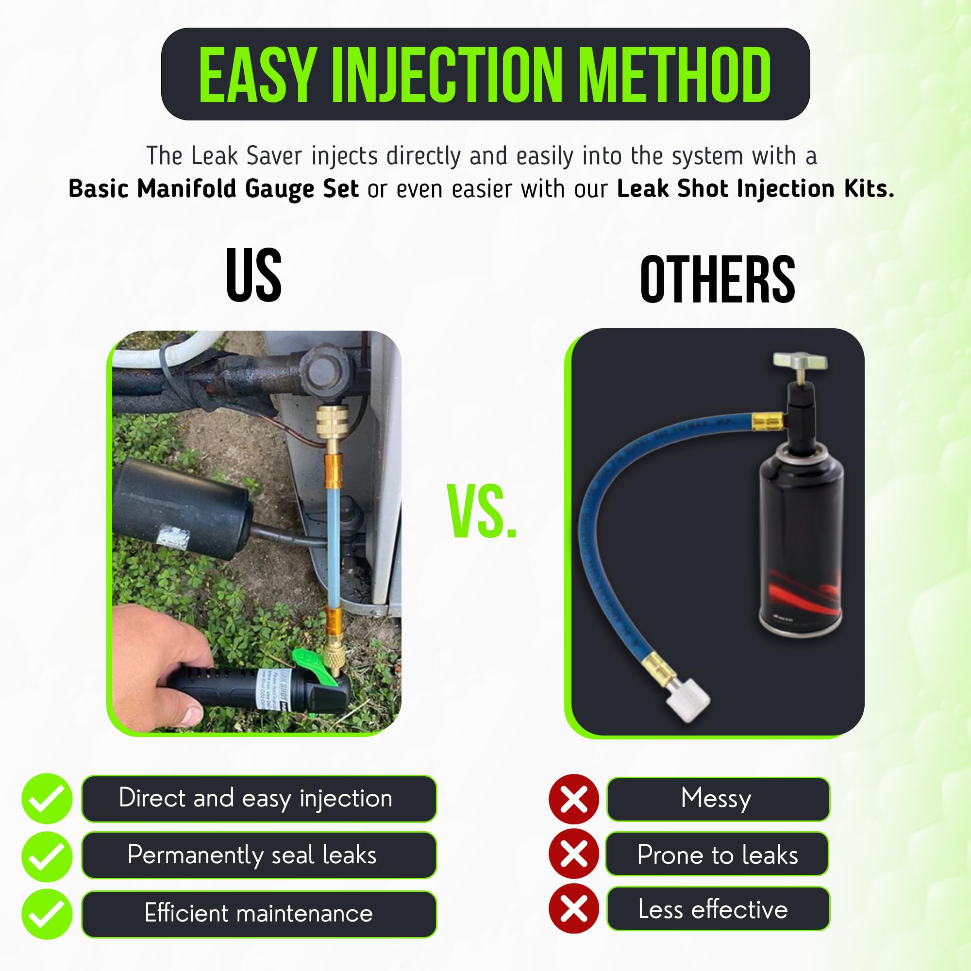 Leak Saver label close-up highlighting compatibility chart and instructions