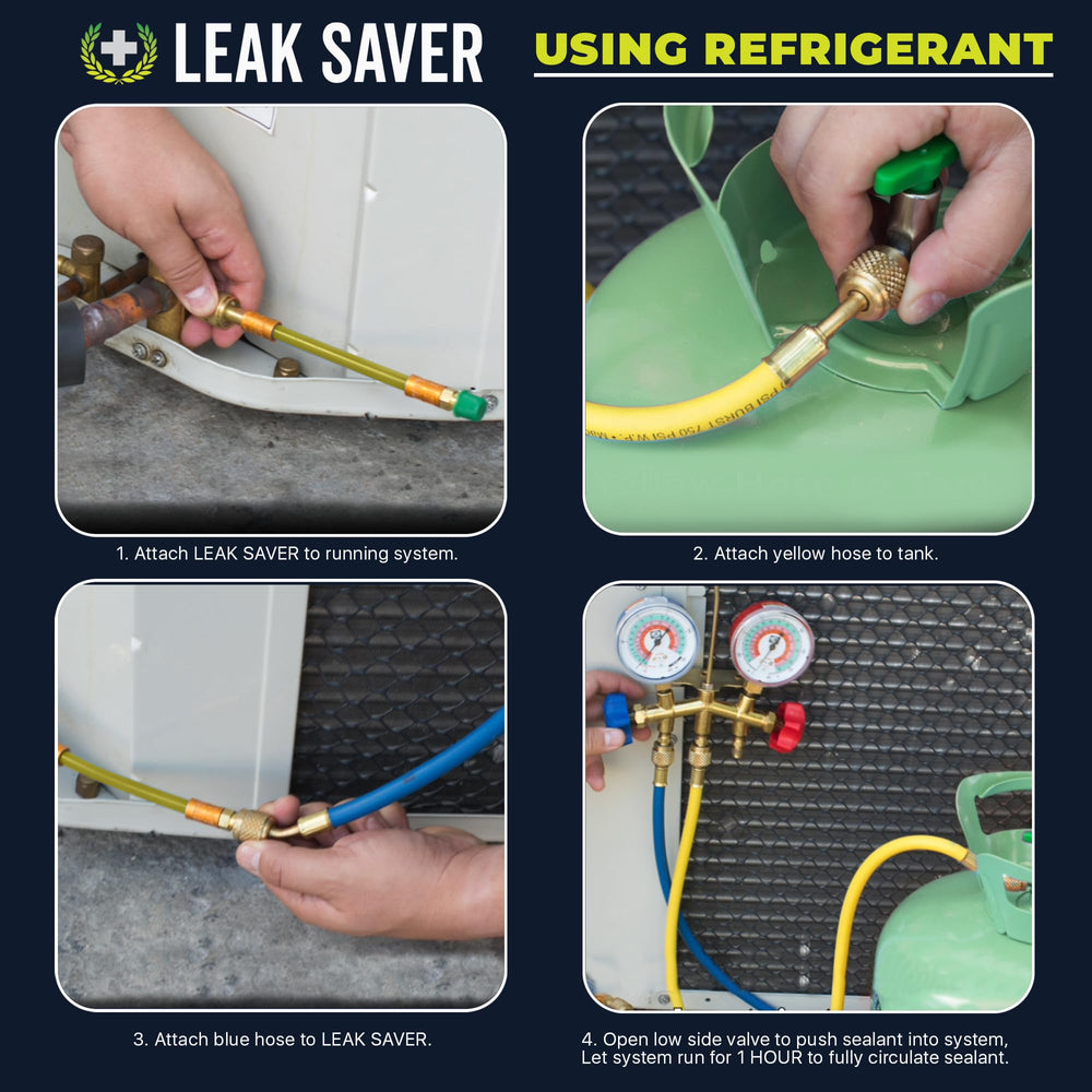 Leak Saver label compatibility info showing brand works with many refrigerants