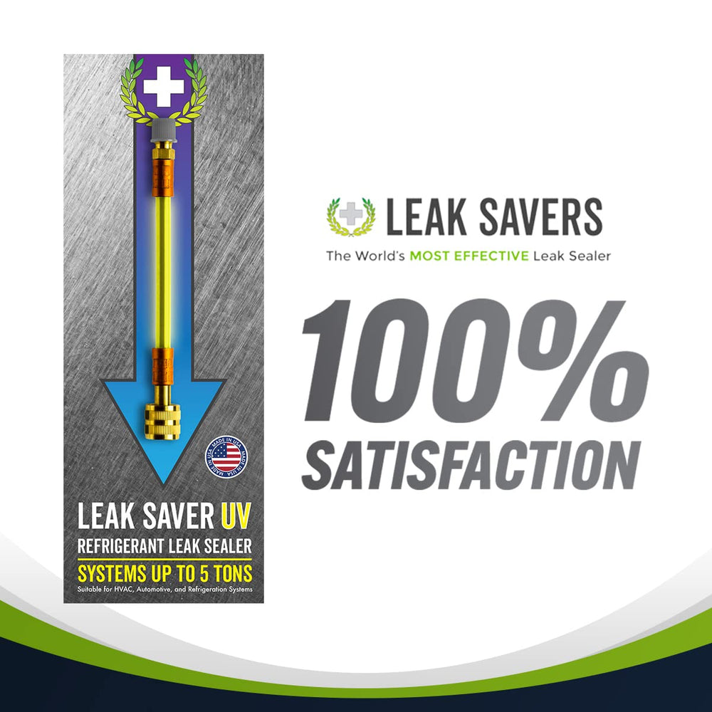Leak Saver next to manifold gauges illustrating compact bottles and compatibility
