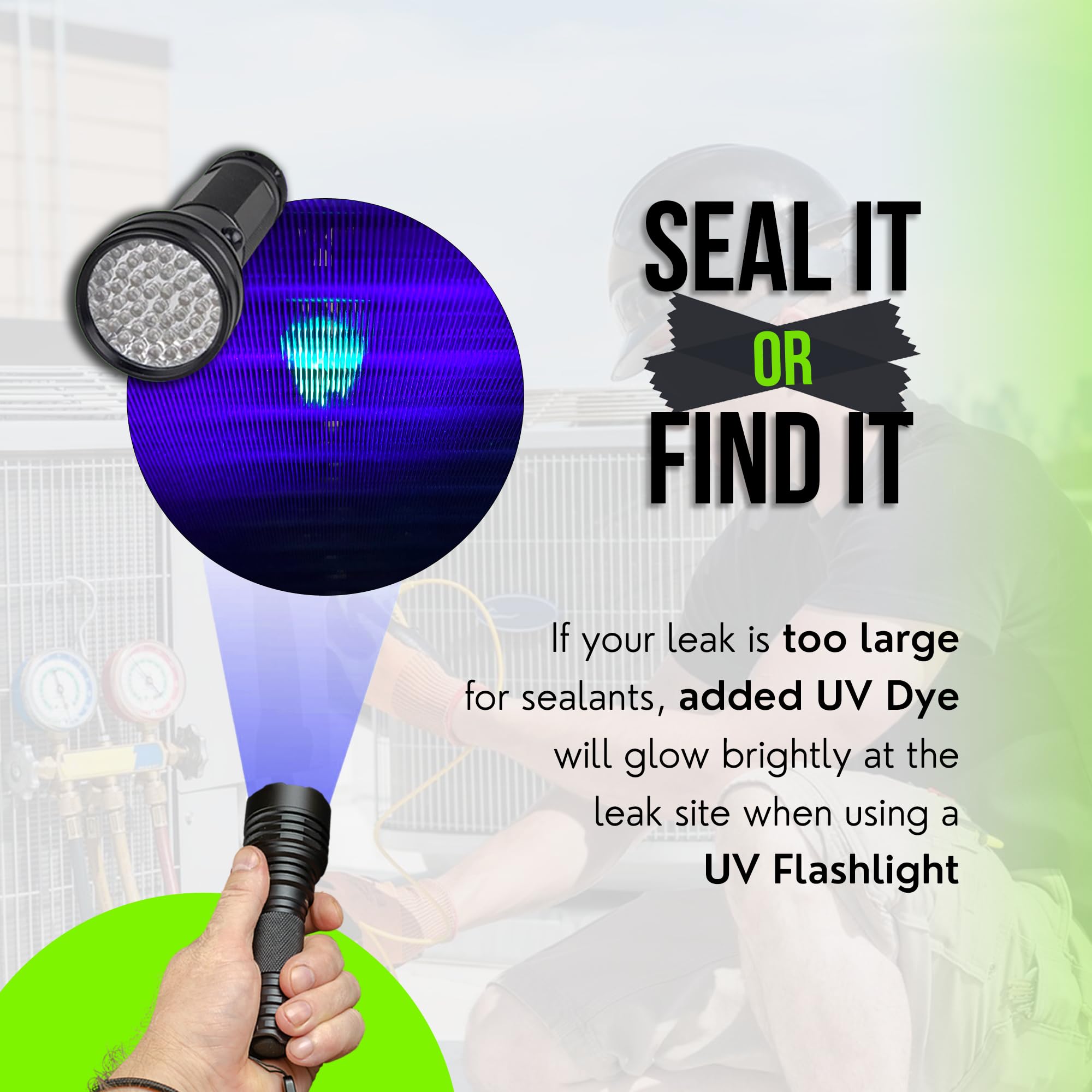 UV dye fluorescence from Leak Saver on coil for fast leak detection