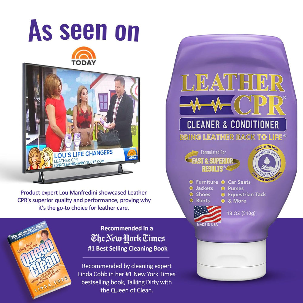 Leather CPR kit on a living room sofa setting showing salon-quality maintenance at home