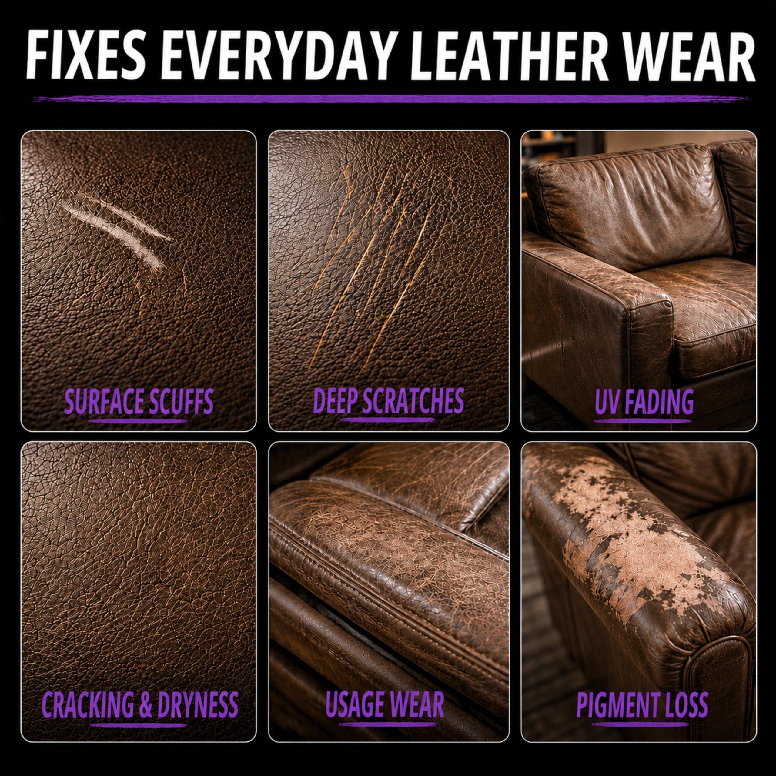 Leather Hero before and after sofa seat demonstrating restored brown color
