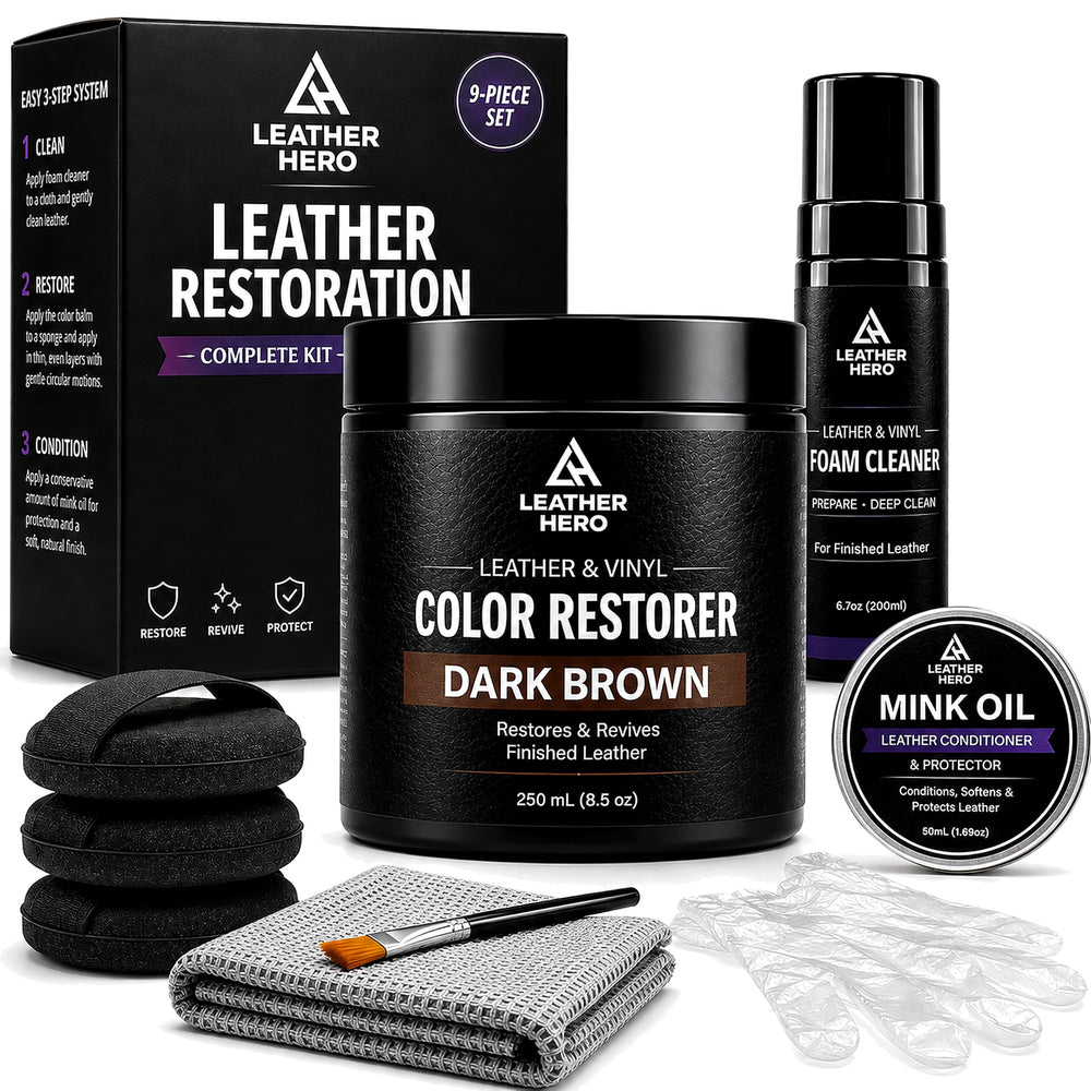 Leather Hero front packaging showing full 9-piece kit for confident restoration