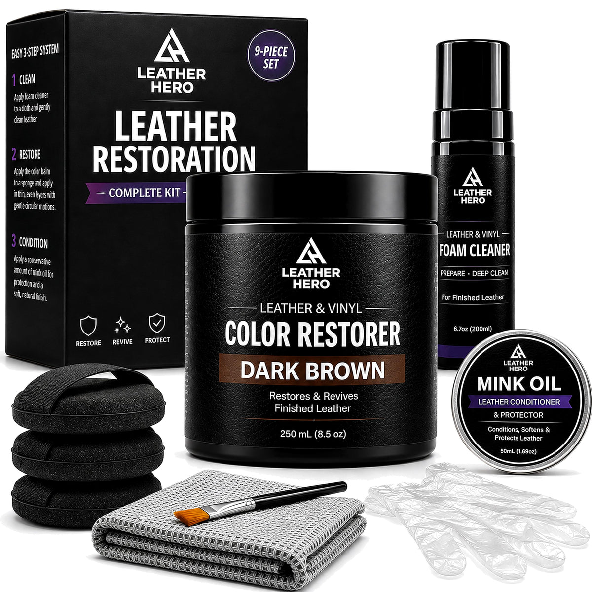 Leather Hero front packaging showing full 9-piece kit for confident restoration