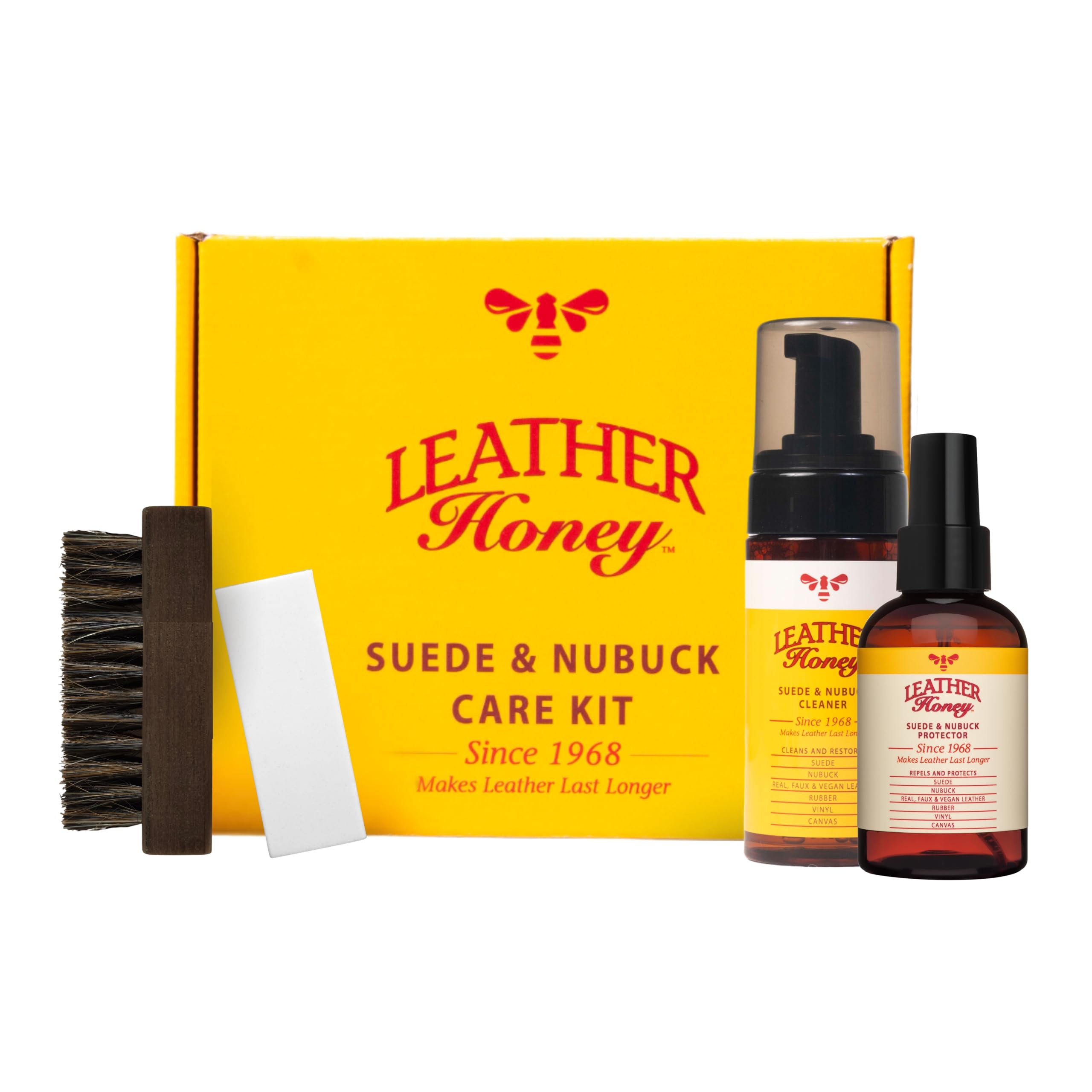 Leather Honey front packaging showing full suede care kit and tools for easy maintenance