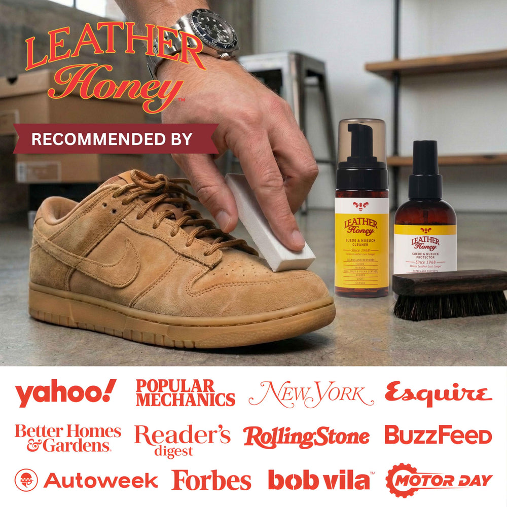 Leather Honey being used on suede boots to clean and refresh footwear appearance