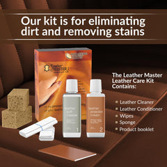 Leather Master cleaner bottle label visible for safe gentle cleaning
