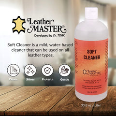 Leather Master cleaner being dispensed highlighting liquid texture and gentle consistency
