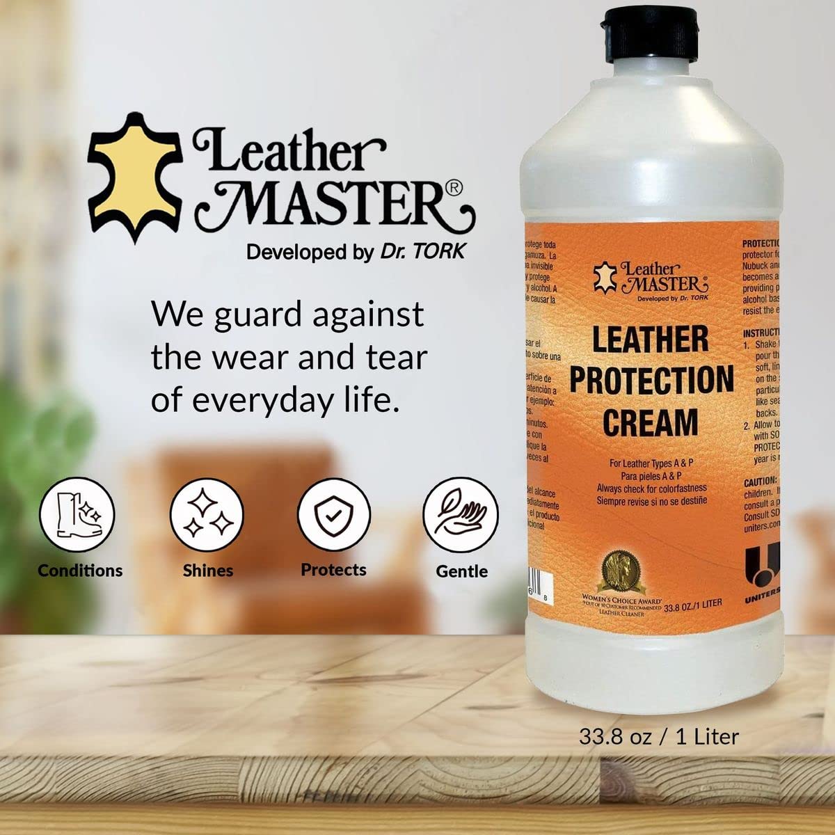 Leather Master bottle beside hand to show 1 litre scale and practical refill size