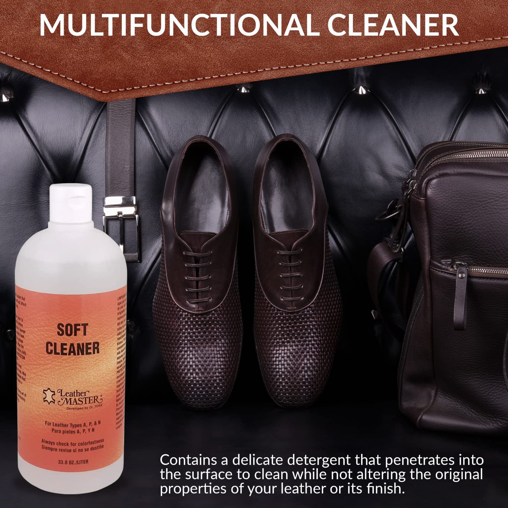 Leather Master bottle beside common items showing 33.8 oz size and practical scale