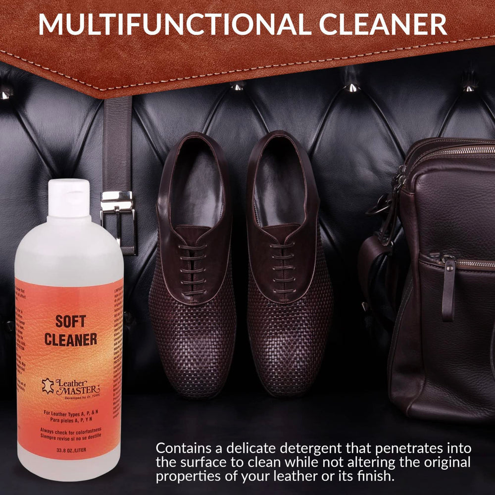 Leather Master bottle beside common items showing 33.8 oz size and practical scale