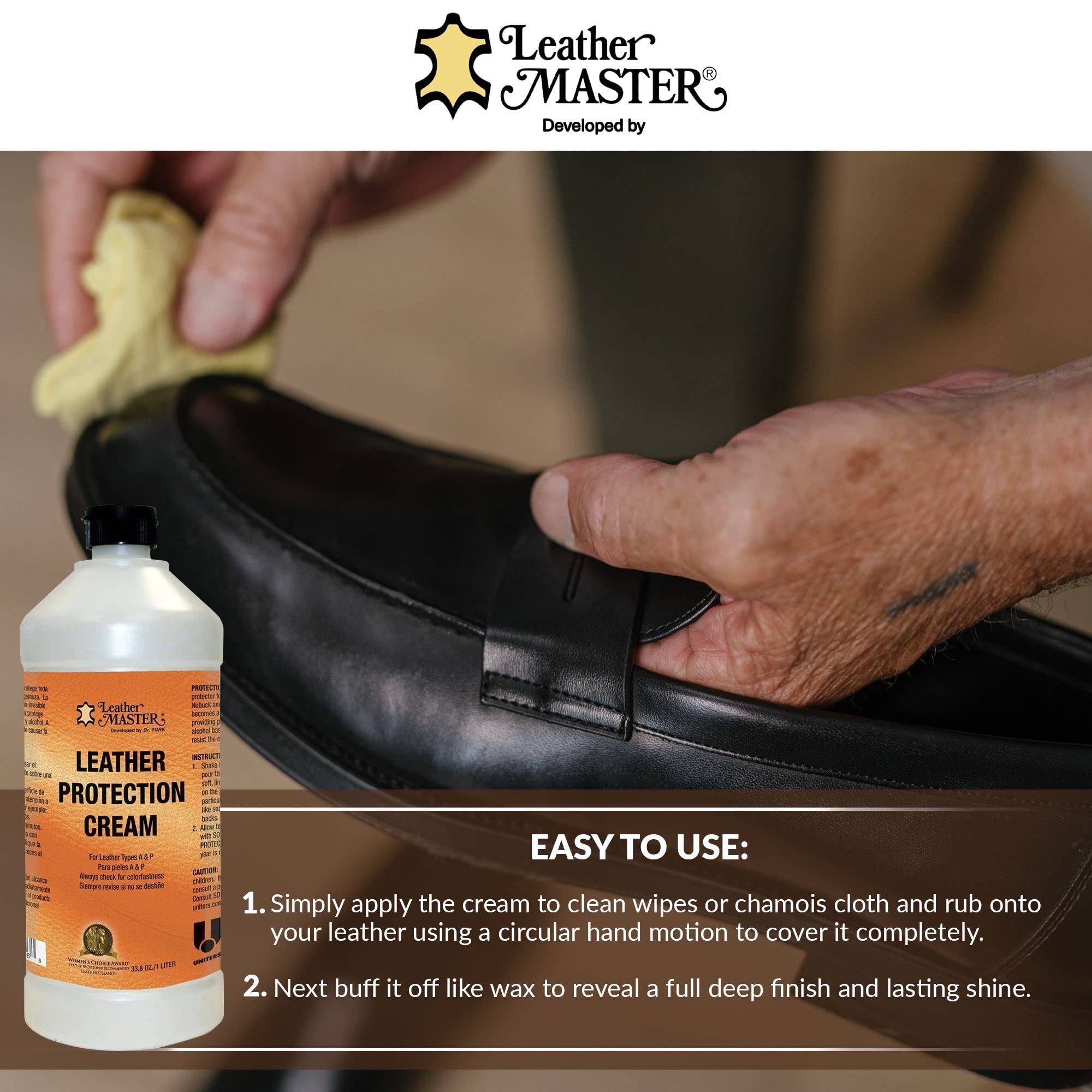 Leather Master close-up of cream on leather demonstrating smooth finish and nourishment