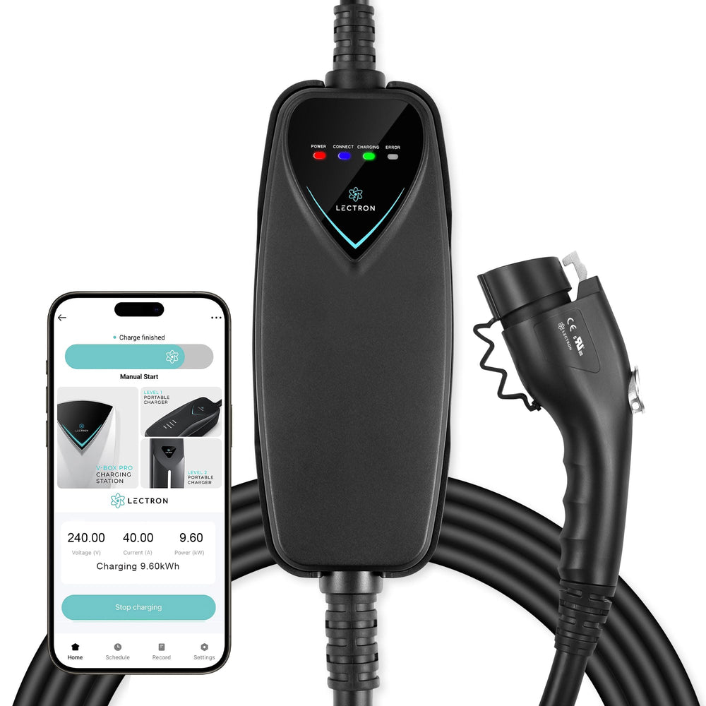 Lectron front view of charger showing compact portable design and fast charging benefit