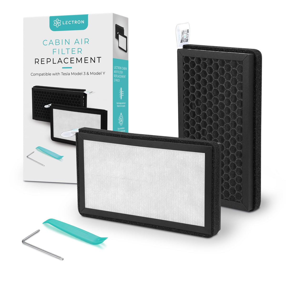 Lectron front packaging showing 2-pack replacement and fit for Tesla Model 3 and Model Y, clean air benefit