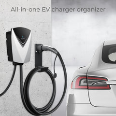 Lectron mounted on garage wall with Tesla plug stored offering organized charging