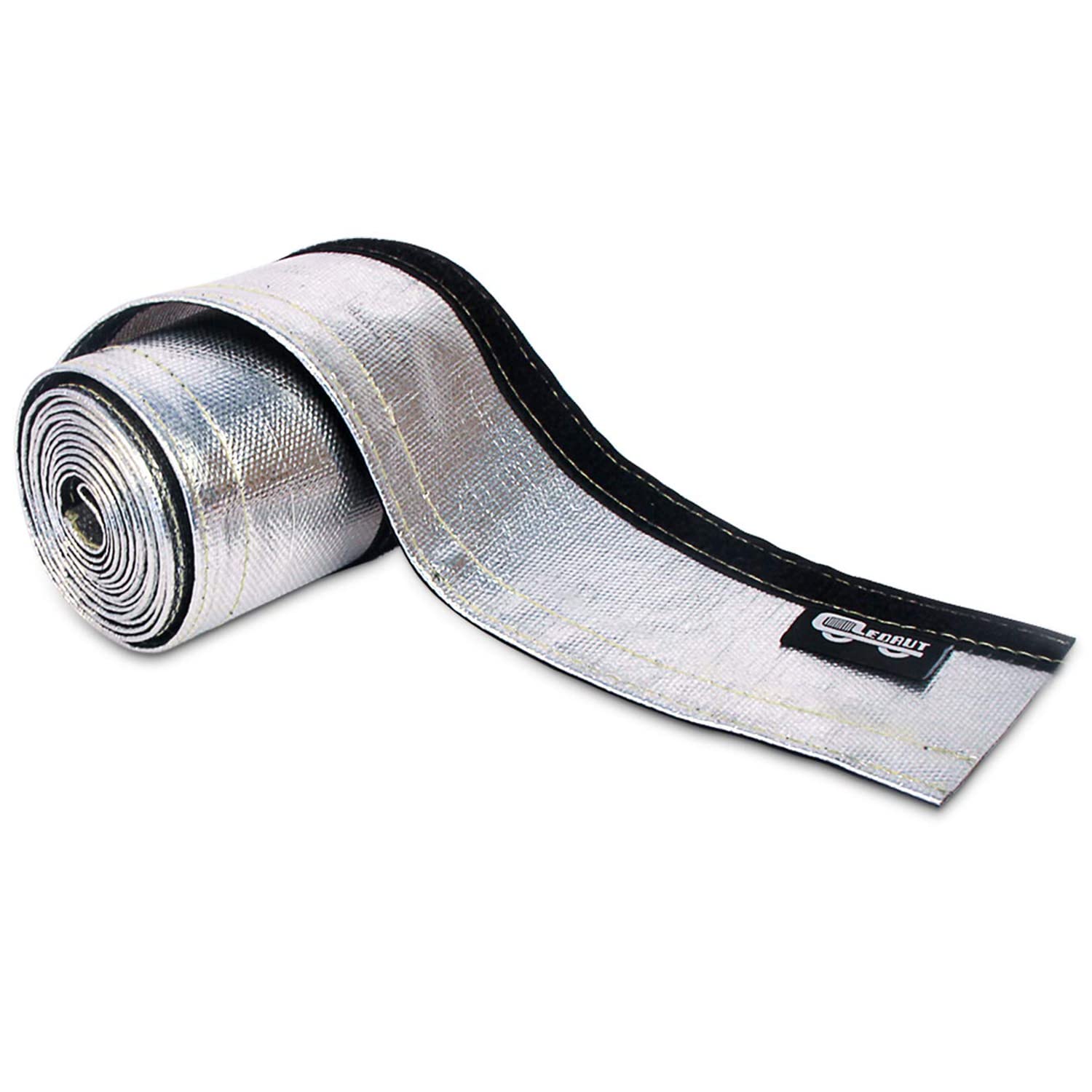 LEDAUT front view of aluminized heat shroud sleeve showing packaging and length benefit