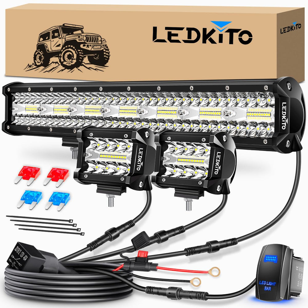 LEDKITO 20-inch light bar front view showing wide bright beam benefit