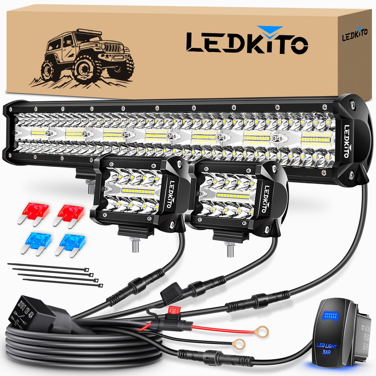 LEDKITO 20-inch light bar front view showing wide bright beam benefit